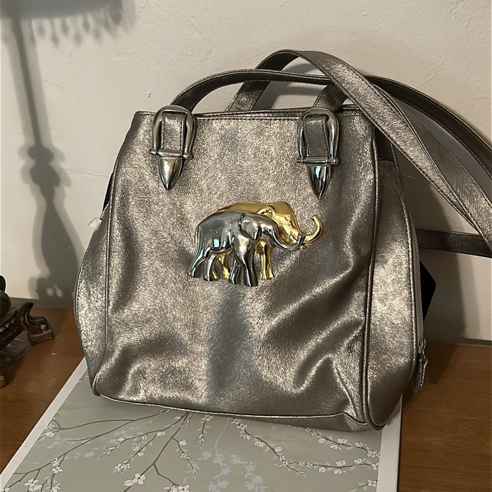 Metallic Silver Satchel with Gold & Silver Elephant Accent